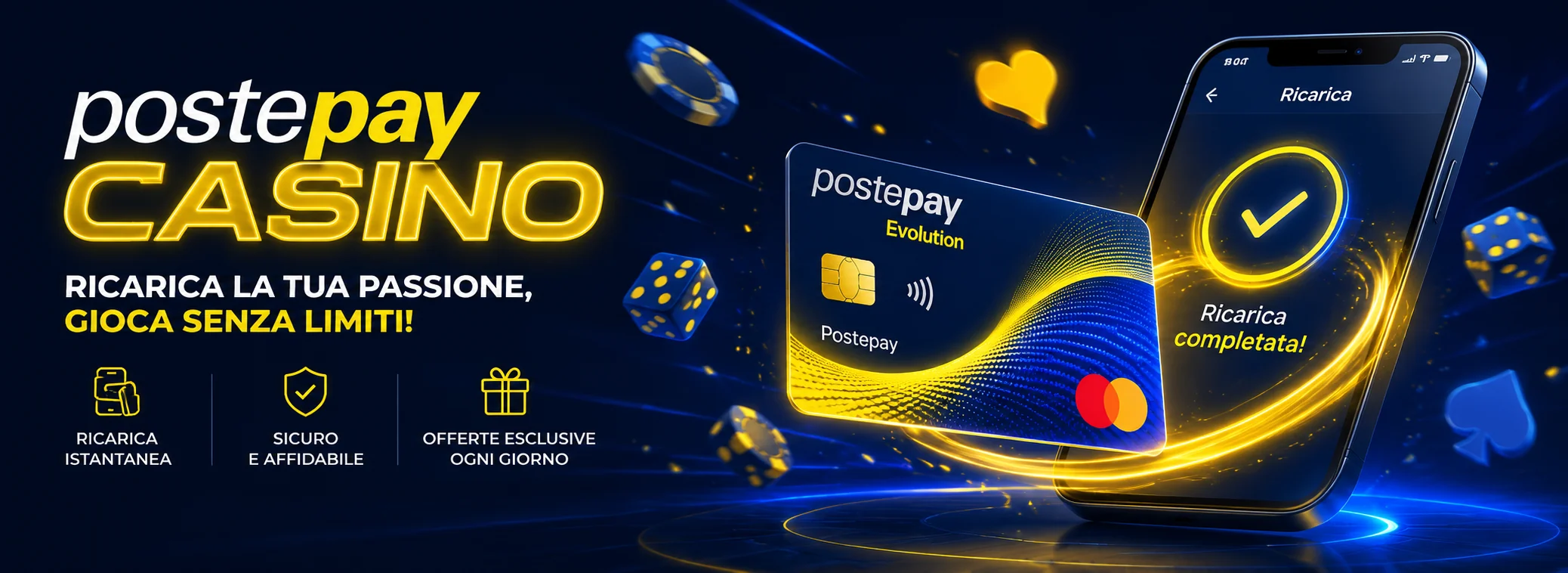 Banner di Postepay Casino Italia con carta Postepay gialla su fondo blu notte e bonus del 100% fino a 500 euro